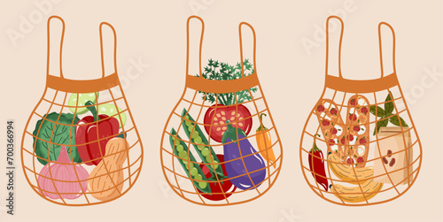 illustration mesh bag with natural food, biodegradable ecobag with fruits and vegetables. Flat design