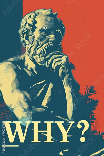 This thought-provoking image showcases a stylized rendition of the classical philosopher Socrates, set against a contrasting backdrop, with the question 
