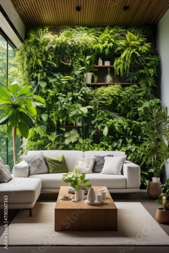 A cozy living room with an entire wall converted into  vertical garden. Biophilic design © Lazylizard