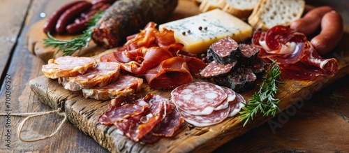 Assortment of cured meats and sausages on a wooden board
