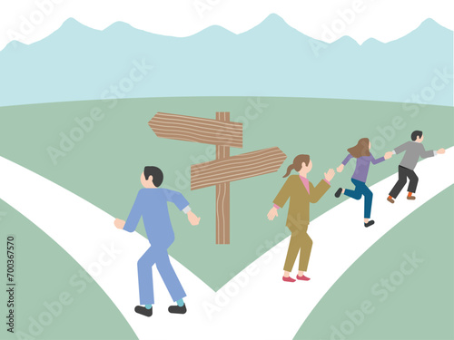 人生の岐路に立ち、人とは違う道を行くピクトグラム風の人物のイラスト