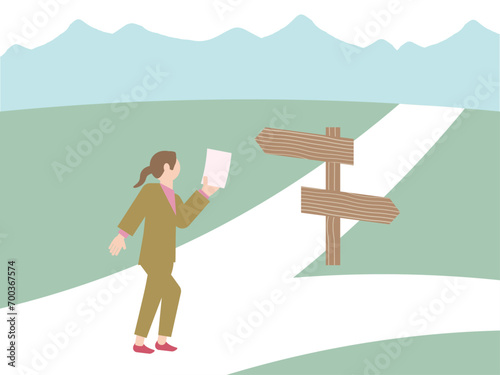 人生の岐路に立つピクトグラム風の人物のイラスト（女性）