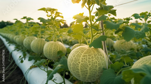 Ripe japanese melon in the plantation with the sun rays in harvesting time. Created using generative AI. photo