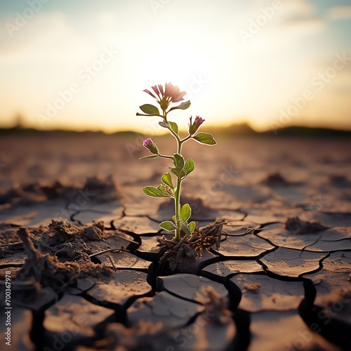 a beautiful plant growing in the cracked mud against all odds