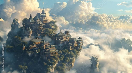 a village above the clouds. seamless looping time-lapse virtual video Animation Background. photo