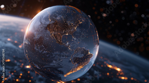 Transparent globe of Earth suspended in space, glowing, showing lit-up city grids at night, black background