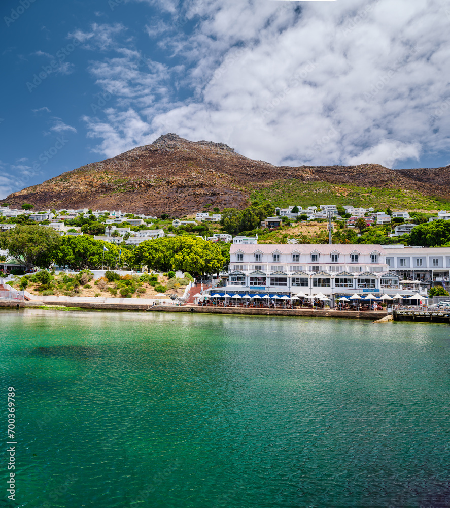 Simon's Town Waterfront restaurants, shops and houses on the mountain slopes in the background, peninsula, Cape Town, South Africa