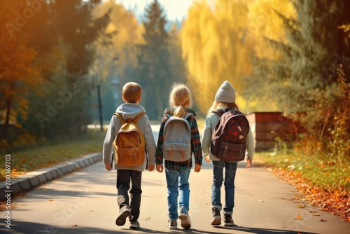 Back to school. Pupil kids with backpack going to school together in vintage color tone photo