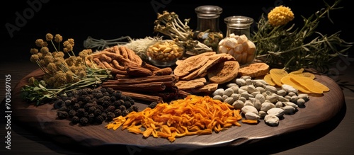Bai Zhu used golden steelyard with diverse herbs for healing various diseases. photo