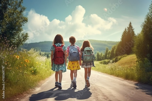 Back to school. Pupil kids with backpack going to school together in vintage color tone © May