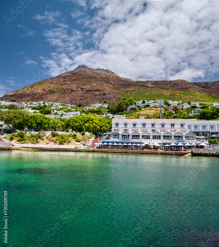 Simon's Town Waterfront restaurants, shops and houses on the mountain slopes in the background, peninsula, Cape Town, South Africa