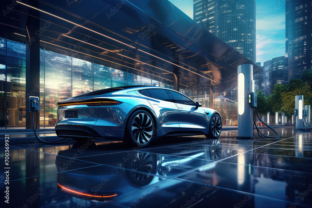 Sleek Electric Car Charging at Futuristic Station Sleek Electric Car Charging at Futuristic Station
