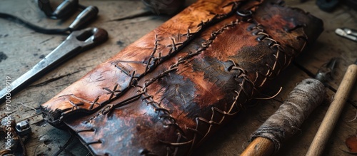 Top view of fresh zombie skin leather pouch with stitched scars using dark brown thread and old tools.
