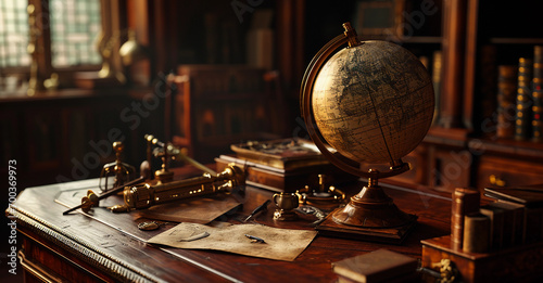 Earth globe, spinning on an ancient mahogany desk, surrounded by antique navigational tools