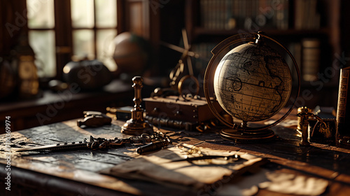 Earth globe, spinning on an ancient mahogany desk, surrounded by antique navigational tools photo