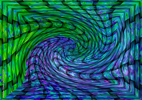 Spiralny abstrakcyjny wzór kolorowych przeplatanych siatkowych pasów w kolorze niebieskim, różowym, zielonym - tło, tekstura, 3d