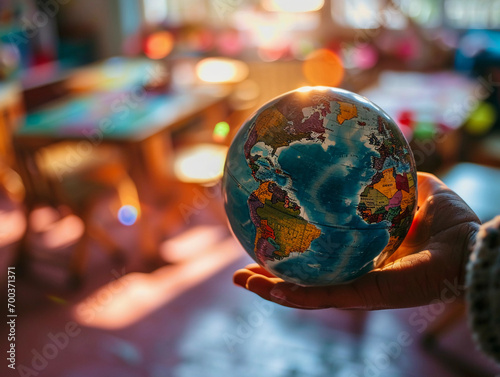  Child's hand spinning a colorful Earth globe, focus on the finger, blurred background of a classroom, warm lighting