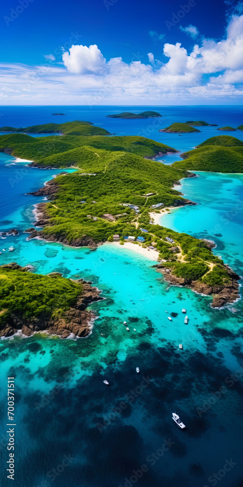 Fototapeta premium A picturesque view of the island from a bird's eye view, surrounded by turquoise water