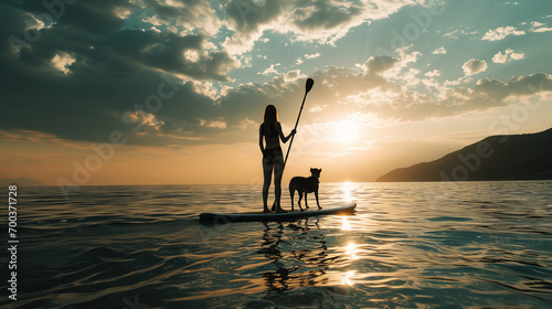 silhouette of a woman with a surfboard with a dog, ai