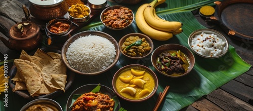 Traditional Indian feast, Onam Sadhya, includes rice, various curries, papadum, banana chips, payasam, banana, and yogurt or buttermilk. photo