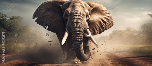 An enraged elephant with tilted head approaches the camera.