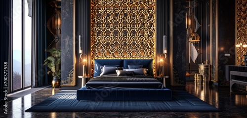 A luxurious bedroom showcasing a 3D intricate wall with a gold and sapphire blue geometric pattern complemented by a royal blue bed photo