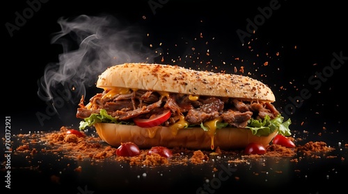 Delicious grilled turkish or beef meat sandwish boasting a medley of soaring ingredients and spices served hot and ready to savor. Commercial advertisement menu banner with copyspace area photo