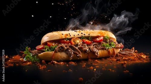 Delicious grilled turkish or beef meat sandwish boasting a medley of soaring ingredients and spices served hot and ready to savor. Commercial advertisement menu banner with copyspace area photo