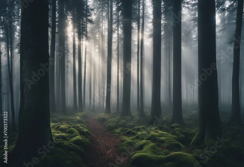 Amazing mystical rising fog with mountains, morning sun, forest, and trees Landscape view © FrameFinesse