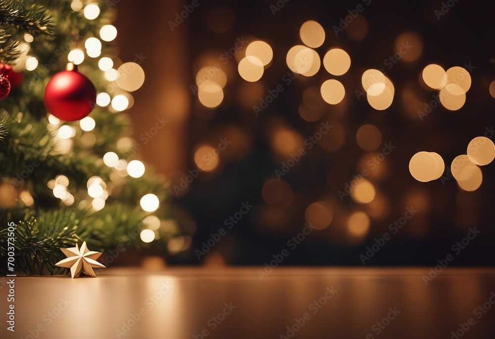Christmas tree light behind table for product presentation or exhibition