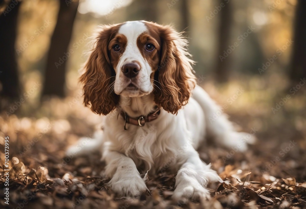A cute cocker spaniel dog lying in the forest during a sunny day