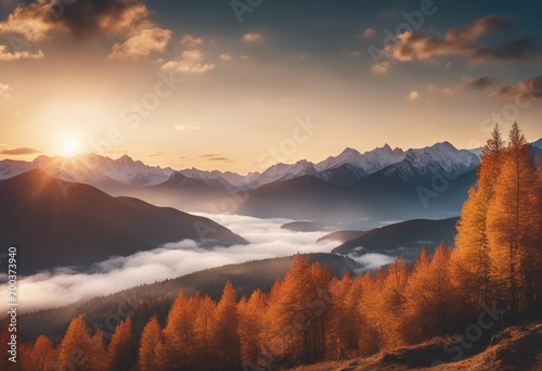 Panorama mountain autumn landscape with morning sun and fog