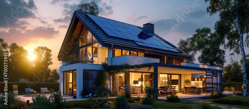 Sunset lighting illuminates a modern house with blue solar panels on a pitched roof.