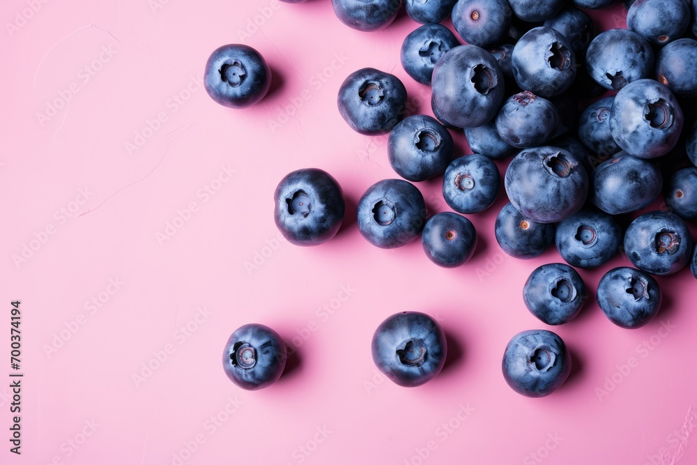 Blueberries scattered on a pink background, offering a vibrant contrast of colors with a minimalistic design. Blueberries scattered on a pink background, offering a vibrant contrast of colors with a minimalistic design.