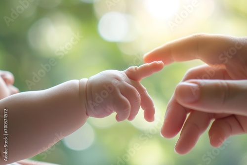 A close-up of a baby's tiny hand reaching to grab an adult's finger, symbolizing care and love. photo