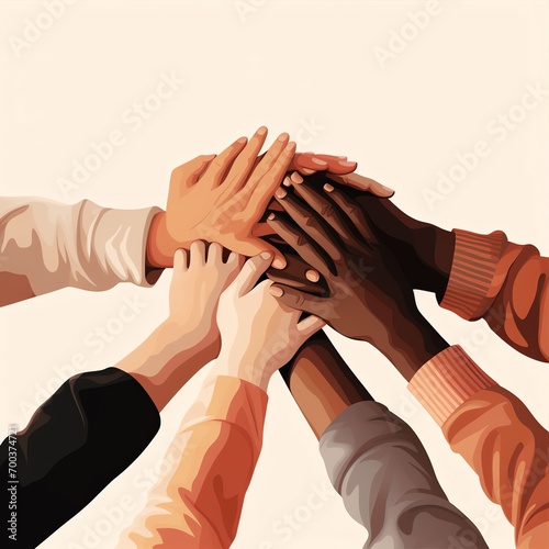 vector illustation of 5 hands team together. Friends or colleagues oncept photo