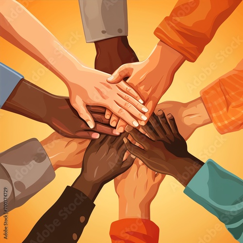 vector illustation of 5 hands team together. Friends or colleagues oncept photo