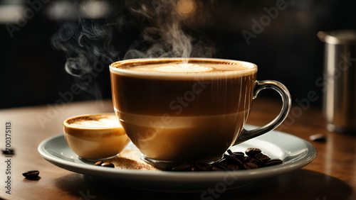 Cup of coffee with beans , Close up white coffee cup on wood tab