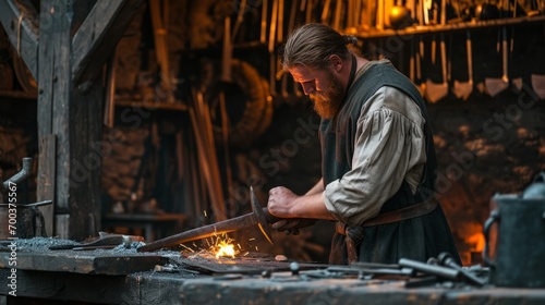 Viking blacksmith sharpening metal weapons on a workbench. Historical and strict atmosphere. Act of sharpening metal weapons photo