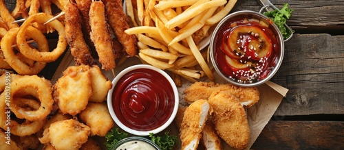 Vertical top-view image of pub appetizers with fried mozzarella sticks, onion rings, fries, chicken nuggets, and sauce; text space available.