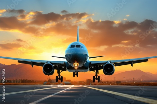 Passenger plane at the airport on the runway. Background with selective focus and copy space