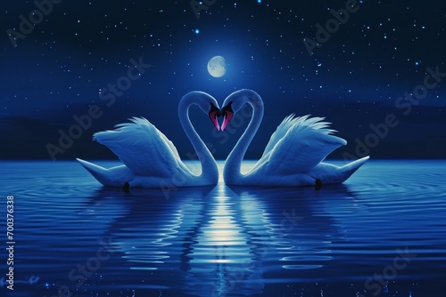 Two swans form a heart. Backdrop with selective focus and copy space