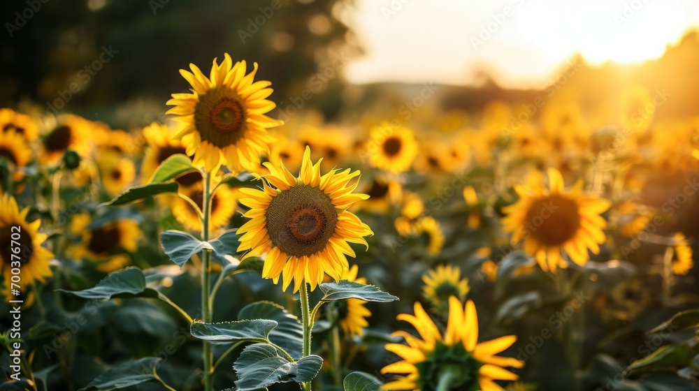 Obraz premium Sunflower field during daylight. Bright yellow sunflowers bathed in natural sunlight. A feeling of warmth, beauty, peace of nature. Concept of positivity and energy of the sun