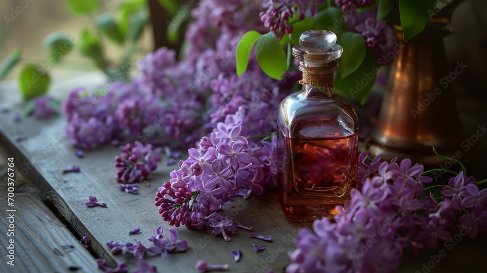 A bottle of aromatic perfume of lilac flowers. A combination of floral aromas. The concept of the elegance of an exquisite fragrance A bottle of aromatic perfume of lilac flowers. A combination of floral aromas. The concept of the elegance of an exquisite fragrance