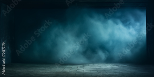 an empty dark scene, neon light, spotlights The asphalt floor and studio room with smoke float up the interior texture. night view Generative AI