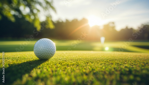 Close up golf ball on green grass field. Generative AI.