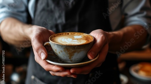 A bartender in a black apron prepares a cup of coffee