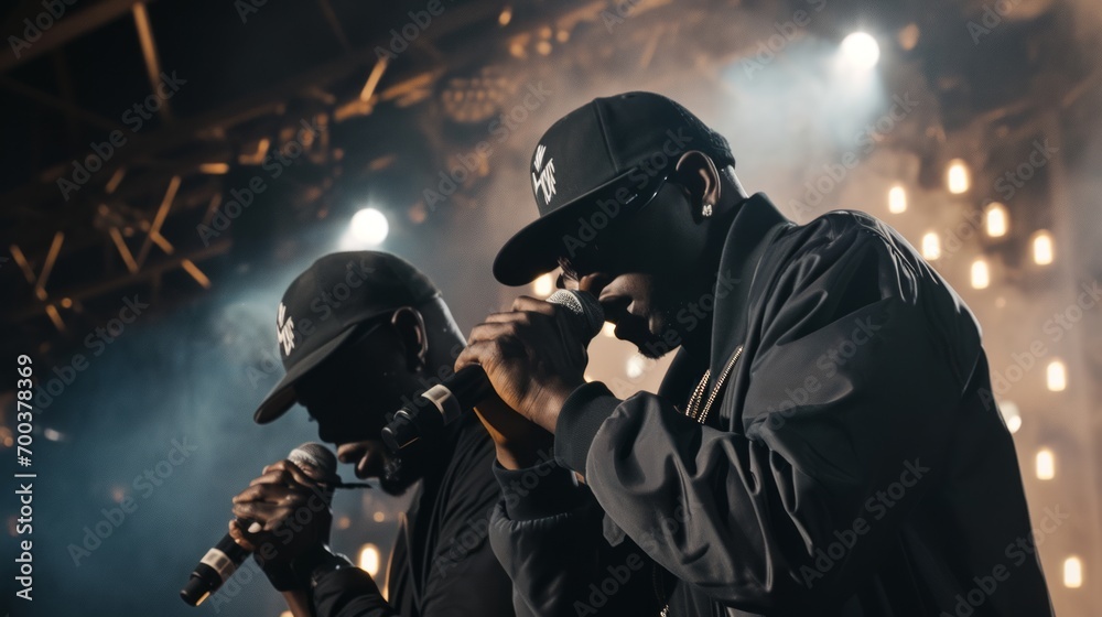 Two African American hip-hop artists in caps strike poses while performing on stage Two African American hip-hop artists in caps strike poses while performing on stage