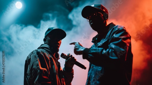 Two African American hip-hop artists in caps strike poses while performing on stage