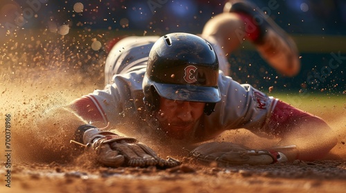 A baseball player in action, sliding into a base. A dynamic scene of a baseball game